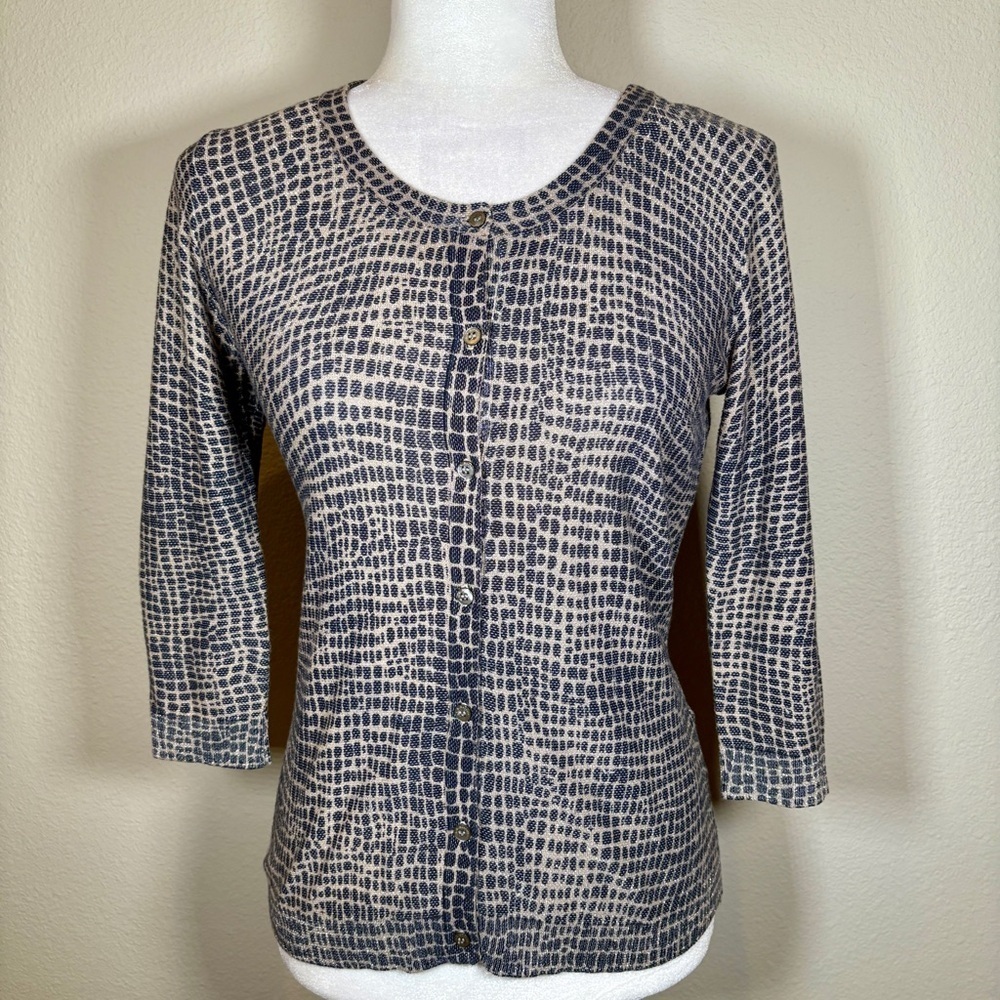 L.K. Bennett Gray & Cream Patterned Cardigan Sweater 2/3 Sleeves Size Small